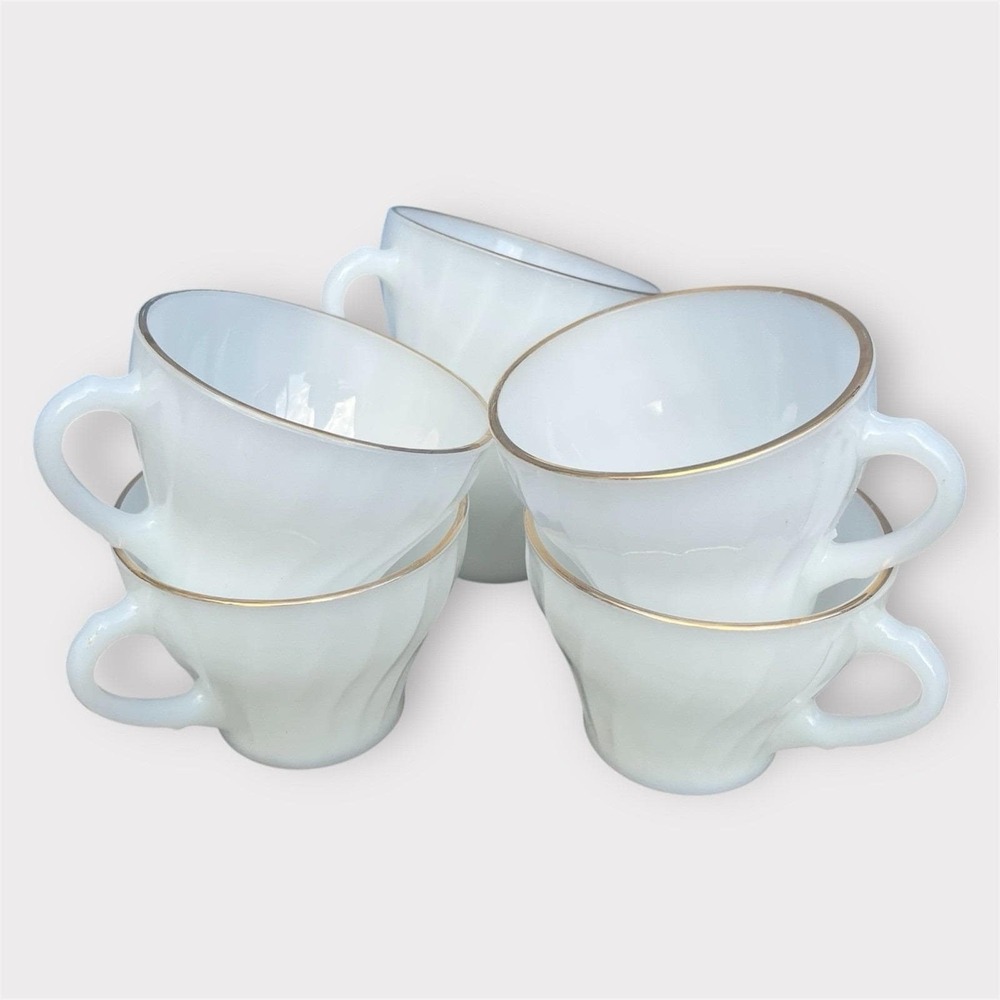6 Vintage White Milk Glass Swirl Mugs Gold Rim Anchor Hocking Fire King 1960s